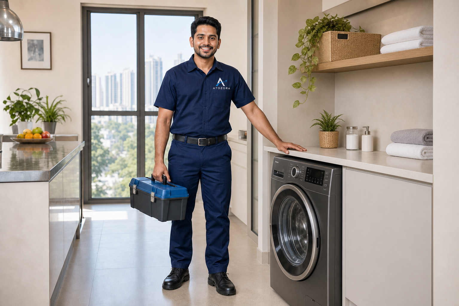 Atozora branded technician standing beside a washing machine